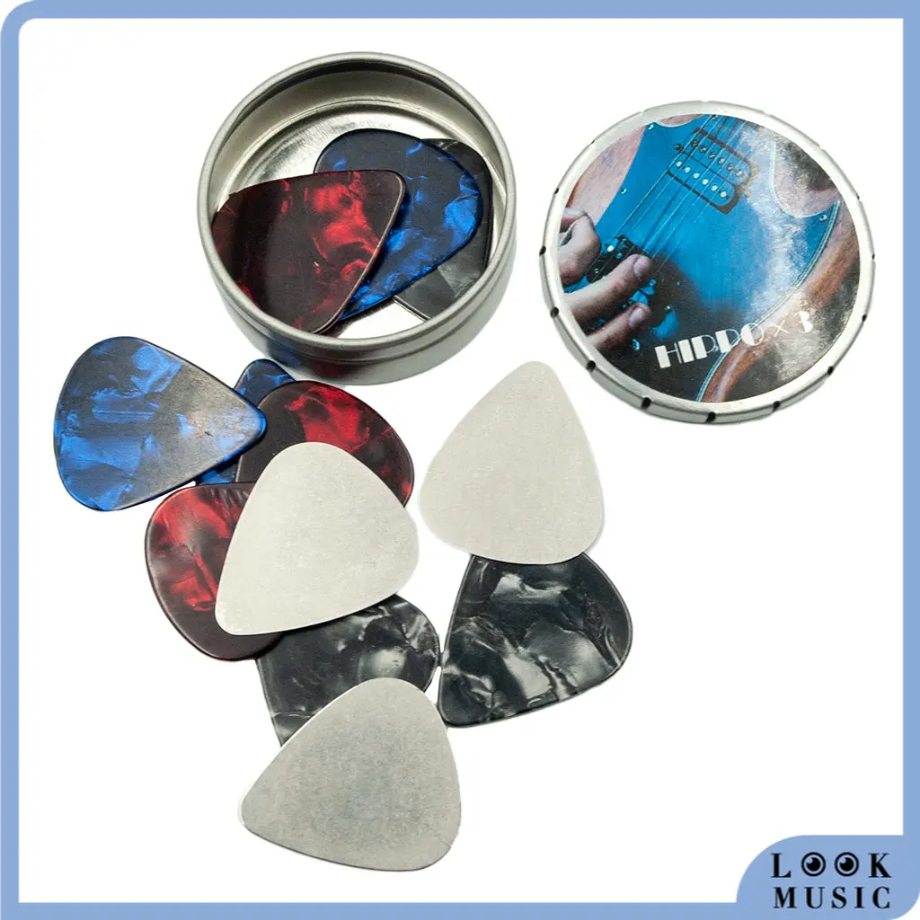 

LOOK 9pcs 1.5/1.2/0.96mm Celluloid Acoustic Guitar Picks+3pcs 0.3mm Metal Electric Picks Set Metal Box Guitar Parts Accessories