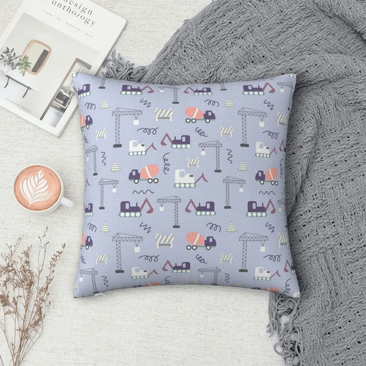 Cartoon Construction Truck Excavator Pattern Square Pillowcase Pillow Cover Cushion Zip Decorative Comfort Throw Pillow for Home