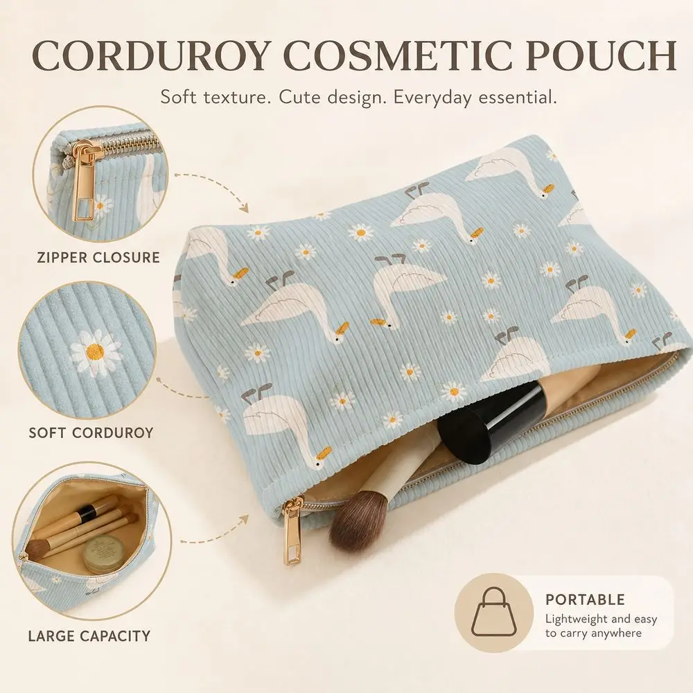 Portable Corduroy Makeup Bag Blue Zipper Closure Cosmetic Organizer Duck Pattern Zipper Pouch Makeup Storage