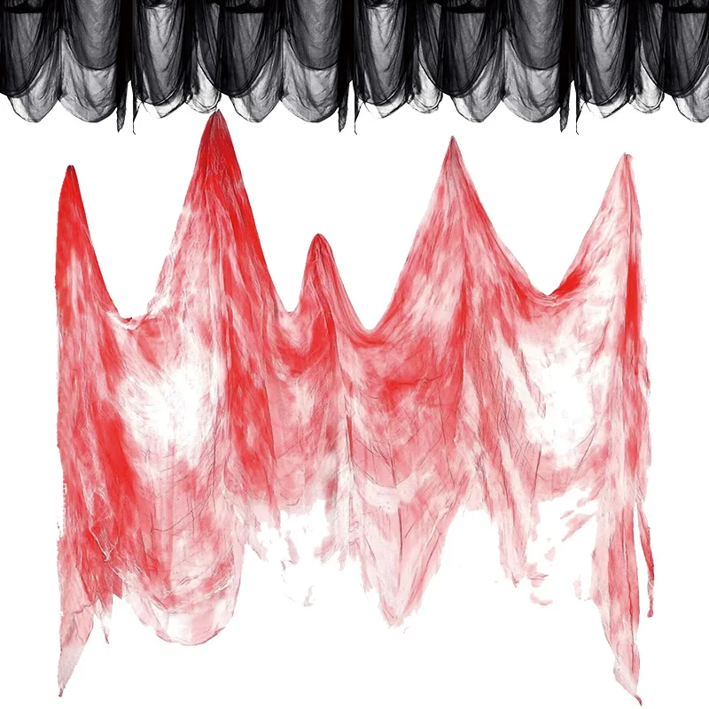 Halloween Gauze Black And White Rags Blood Stains Blood Cloth Haunted House Secret Room Props Hole Hanging Cloth Decoration
