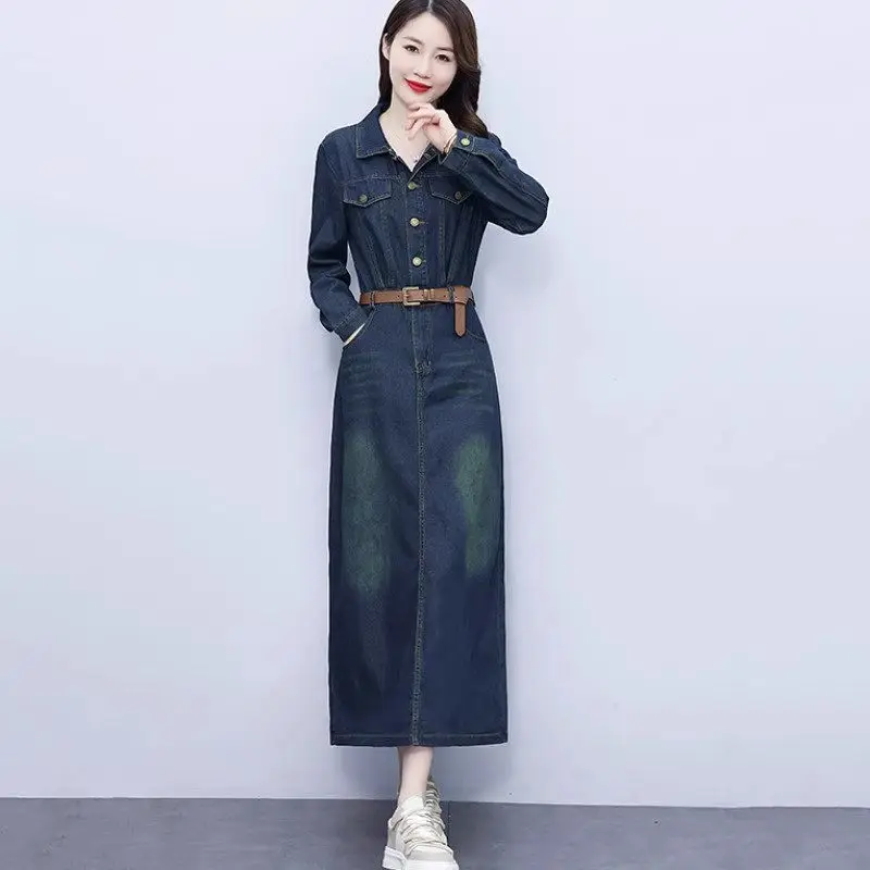 Women's Denim Dress Autumn Spring 2024 New Popular Retro Long Sleeve Korean Fashion Single Breasted Vintage Jeans Vestidos Z3804