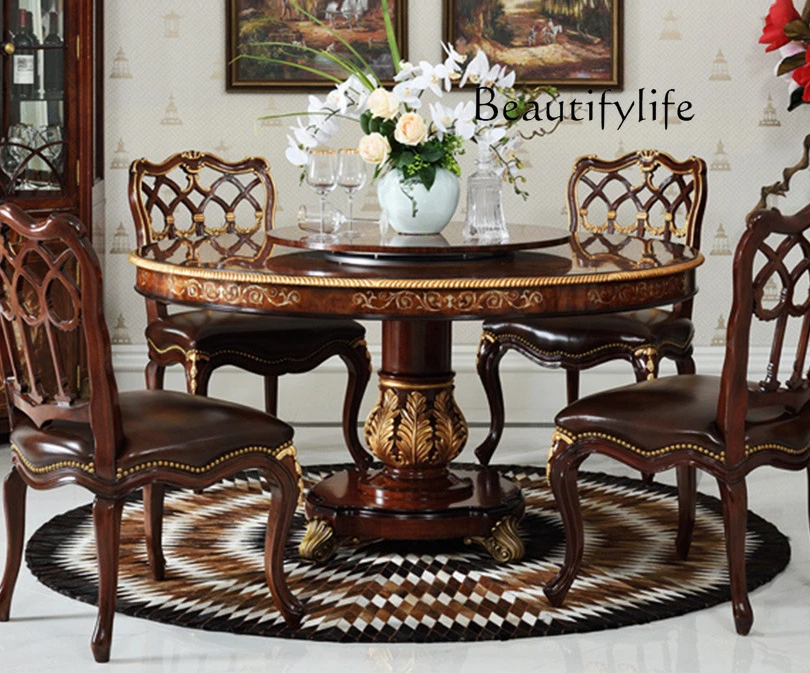 

English restaurant furniture solid wood round dining table light luxury fashion simple villa large apartment home advanced