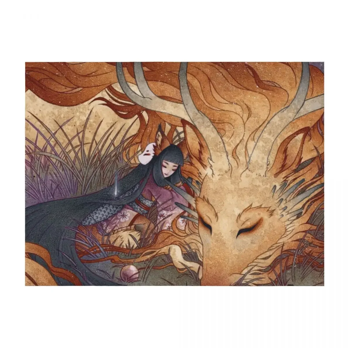 

Slumbering Kitsune and Dragon Throw Blanket warm for winter Giant Sofa Plush Personalized Gift Blankets