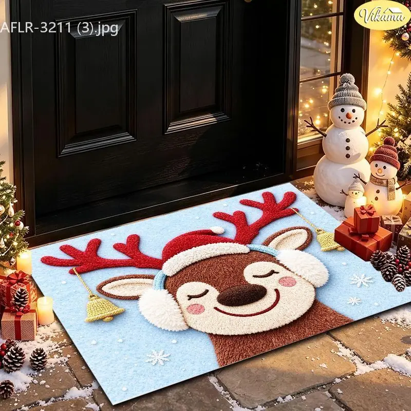 VIKAMA Blue Reindeer Bell Earmuff Entryway Rug Non Slip Low Profile Mats for Outside Front Door Xmas Holiday Decor Soft