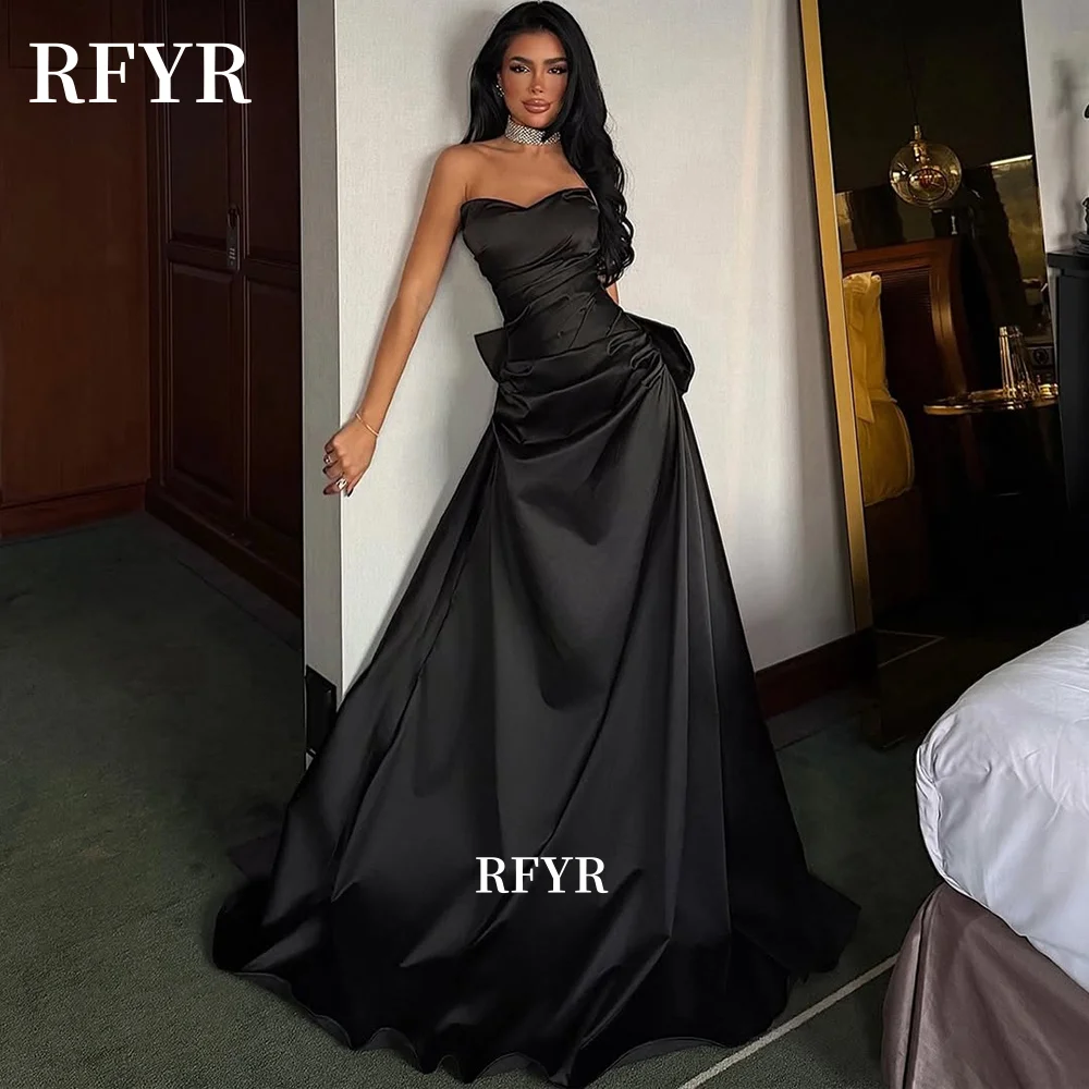 

RFYR Sweethearet Prom Dress with Bow Back A Line Evening Dress Satin Black Party Princess Dress for Arabic Women Customized