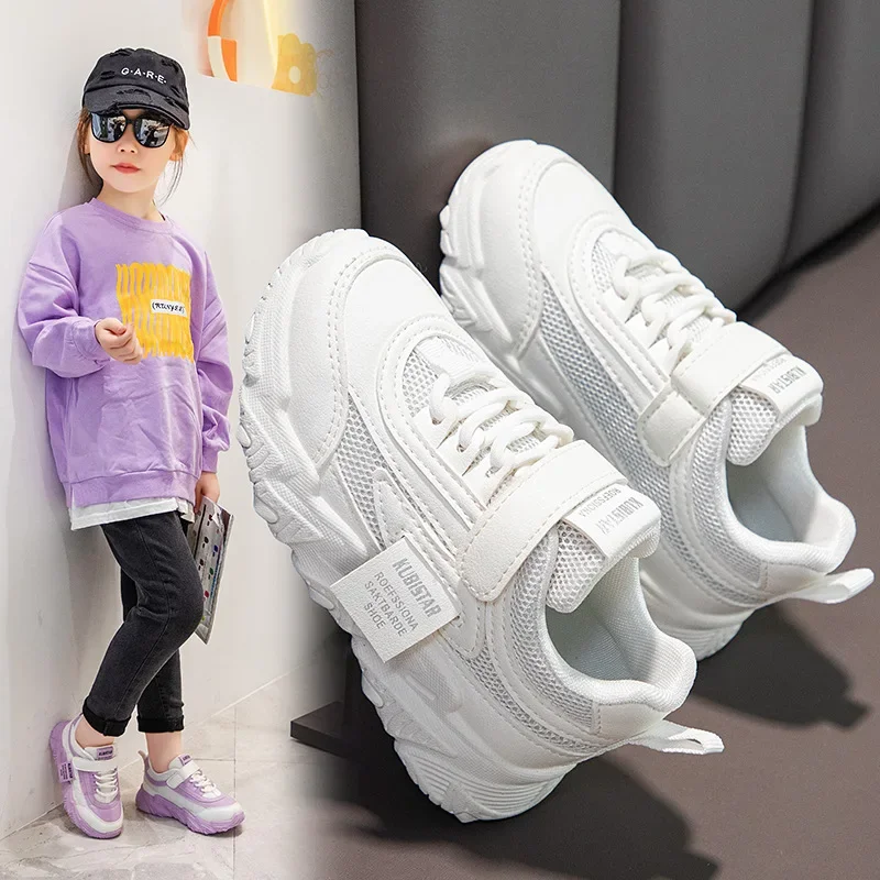 Spring New Kids Sneakers shoes 2023 PU Girls Casual Mesh Solid Pink Light Boys White Hook & Loop Children Non-slip Sports Shoe