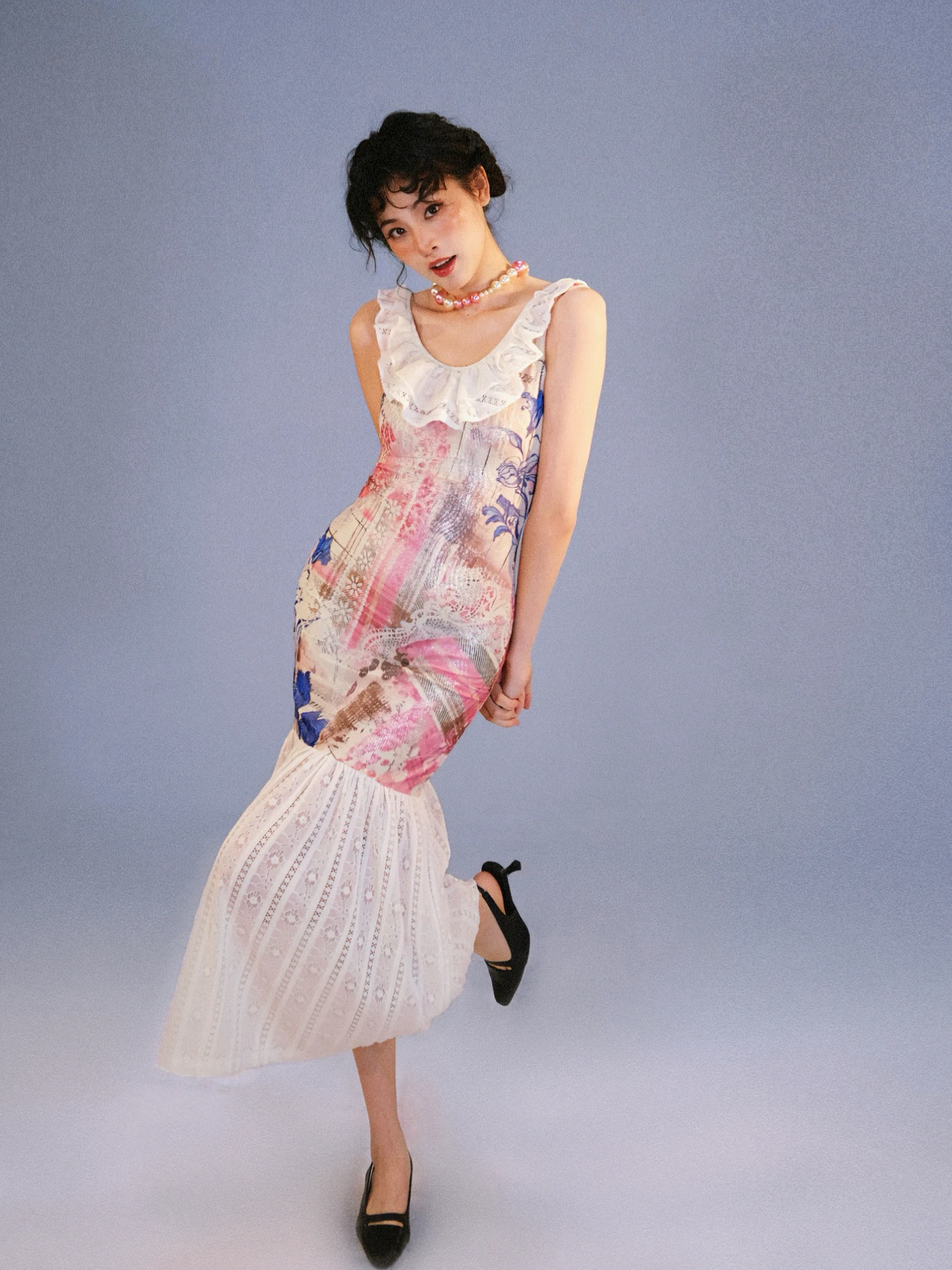 

New Chinese Style Girl Print Sleeveless Dress Summer Lace Collar Splice Fish Tail Wrap Women's Skirt Soft High Elastic Polyester