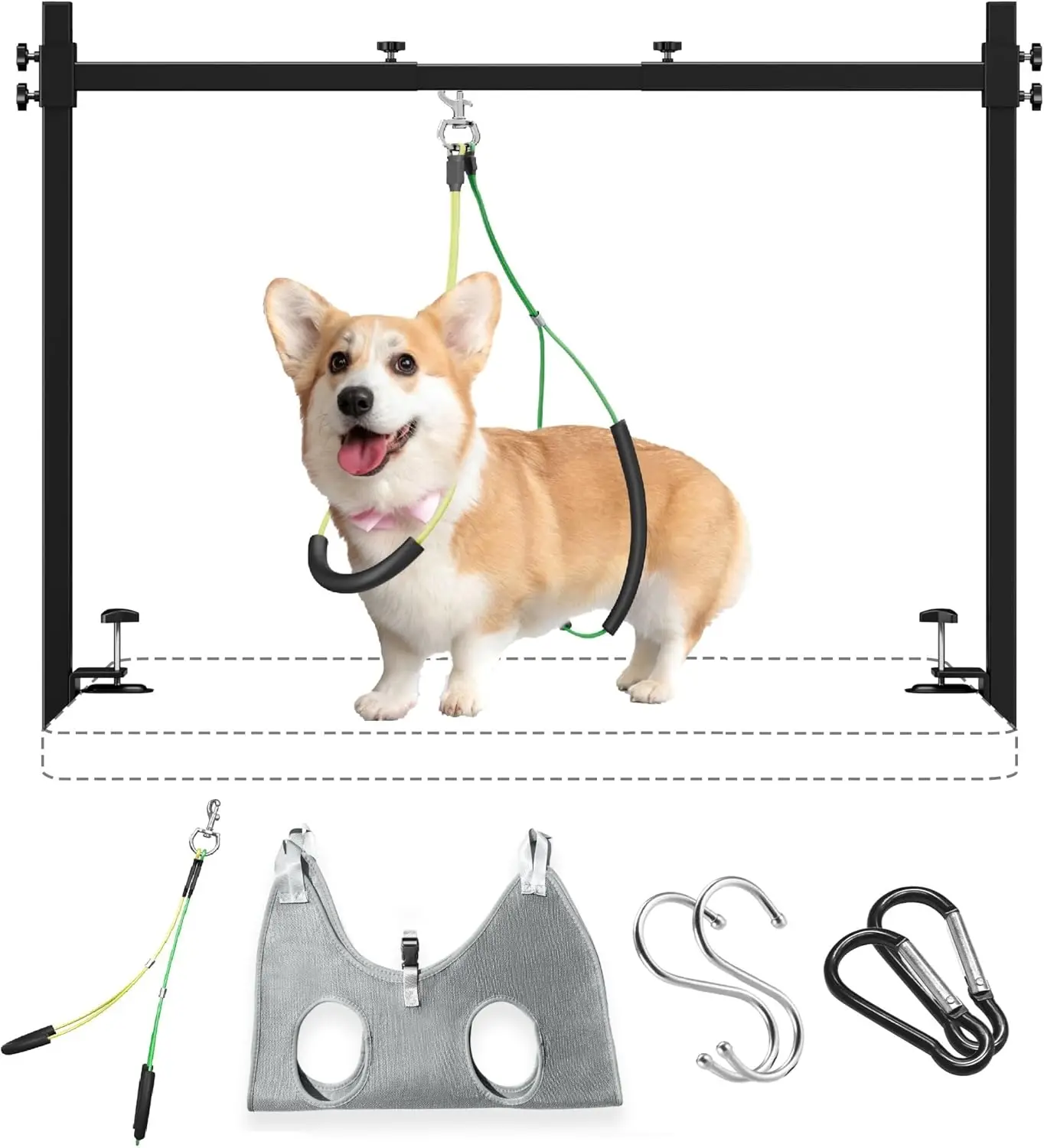 

Регулируемая подставка для груминга собак, размер M, высота 42 дюйма и ширина 31-43 дюйма, устойчивая H-образная стойка с зажимом, гамаком и кольцами для домашнего использования
