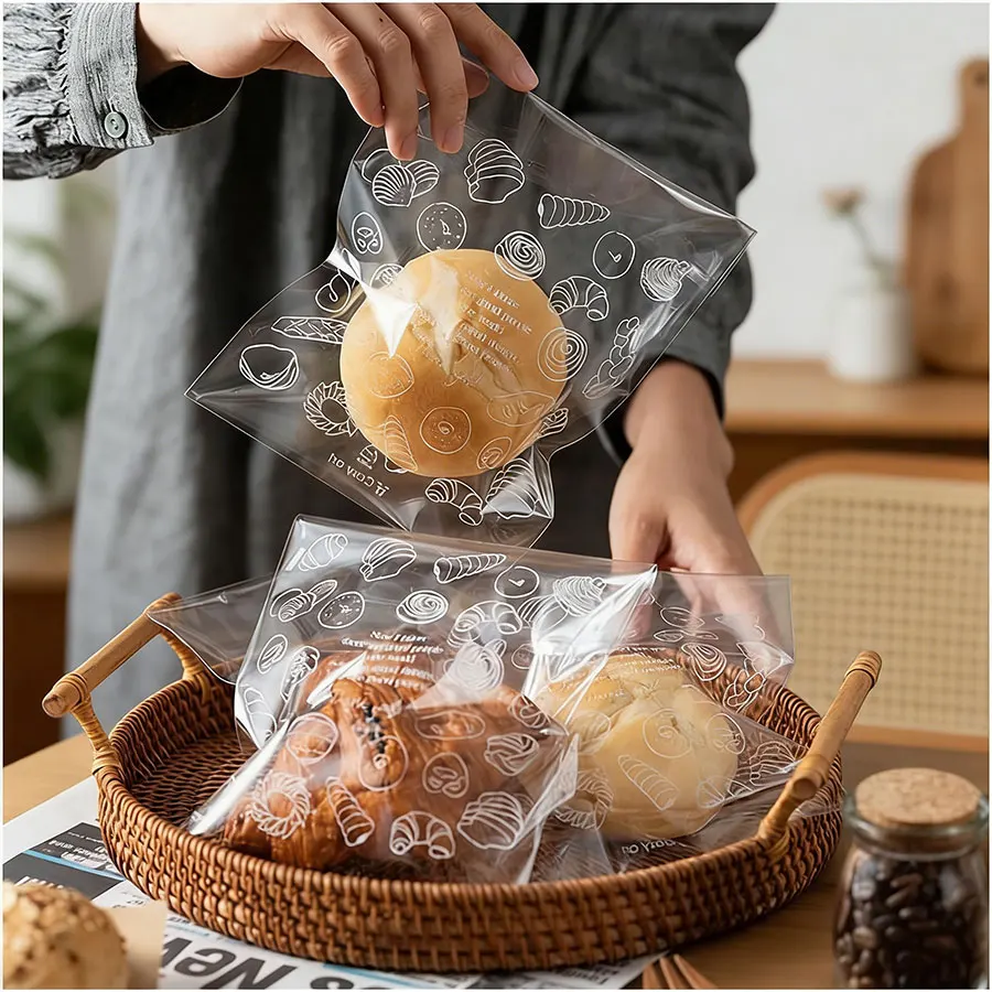 50PCS Food-Grade Clear Self-Sealing Bread Bags, Resealable Plastic Bakery Packaging for Pastries, Cookies & Bread Storage