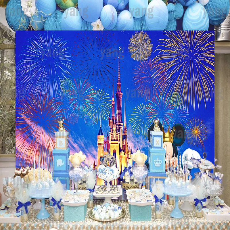 Custom Disney Cartoon Lovely Golden Grown Mickey Mouse Birthday Party  Colorful Fireworks Castle Backdrop Photography Background