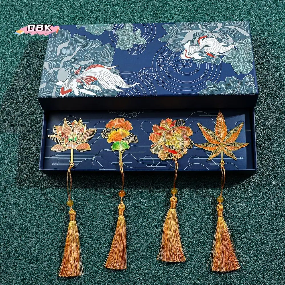 4pcs/set Hollow Brass Chinese Style Bookmarks with Tassel Retro Reading Marker Flower Pattern Book Page Marker Literary