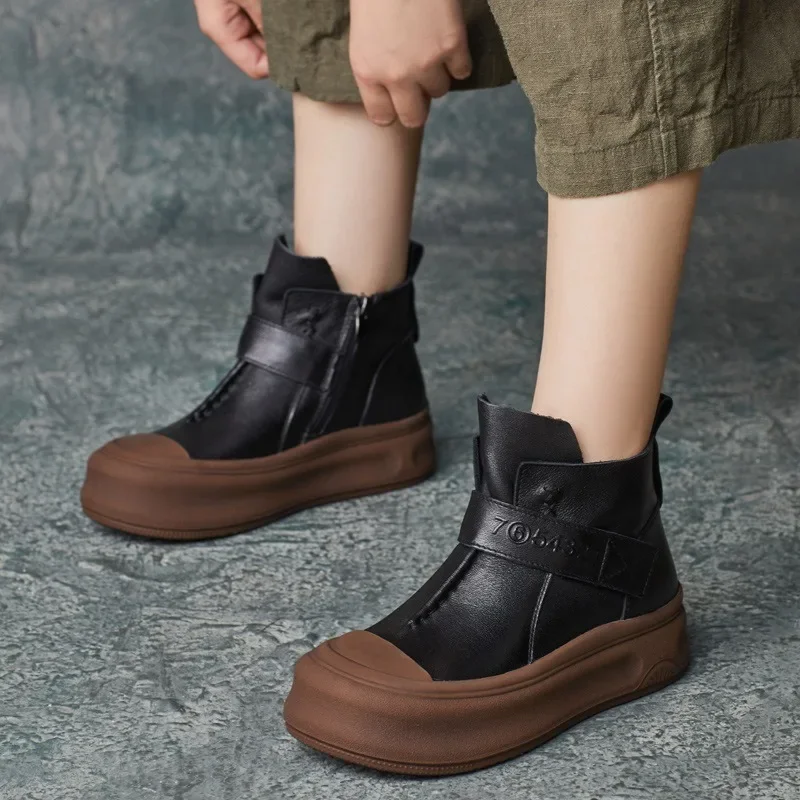 Birkuir retro plataforma plana botas de tornozelo para mulheres lado zip gancho loop botas curtas apartamentos de luxo artesanal botas de couro genuíno