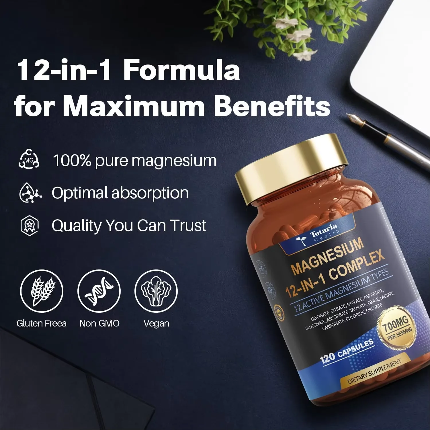 

12 in 1 Magnesium Complex 700mg Supplement with Glycinate Citrate Malate Oxide Taurate Aspartate Orotate - Essential Mineral Sup