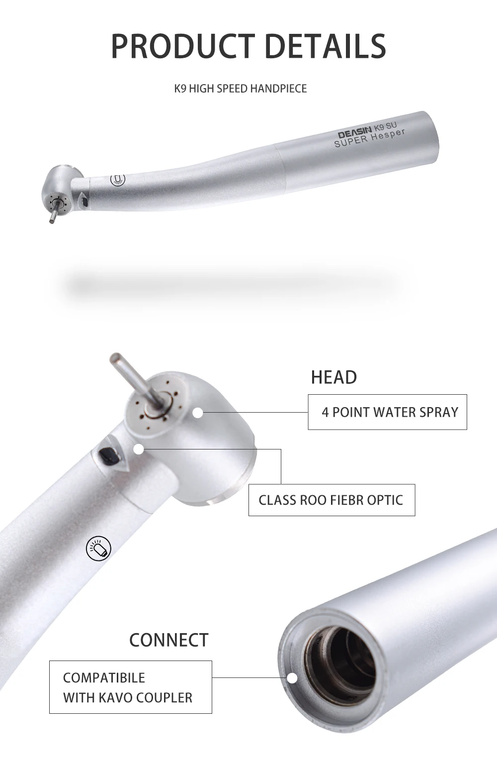 DEASIN 9000L Serie Dental Hochgeschwindigkeits-Faseroptik-LED-Turbinenhandstück für Kavo-Kupplung (2/4/6-Loch) Dentalausrüstung – Detail 4