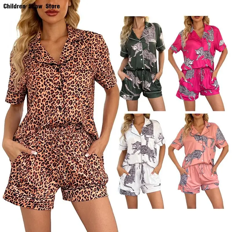 

Fashion Leopard Pajamas Suit Women Loose Home Clothes Elastic Waist Shorts Suit Pijama Mujer Loungewear Summer Nightwear