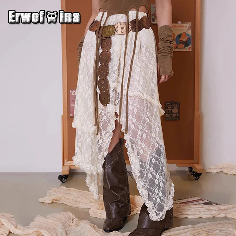 

Erwofeina Gothic Women's Skirt Lace Hollow Out Asymmetrical Elastic High Waist Skirts For Women Korean Style Beach Y2k Vintage