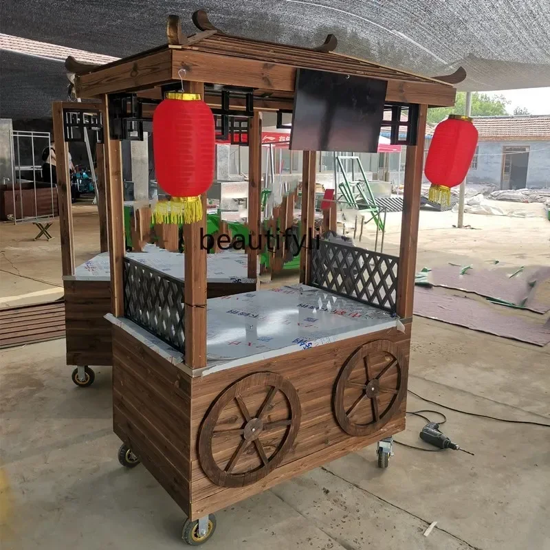 03.Antique retro snack cart stall barbecue cart wooden roast duck pastry cart