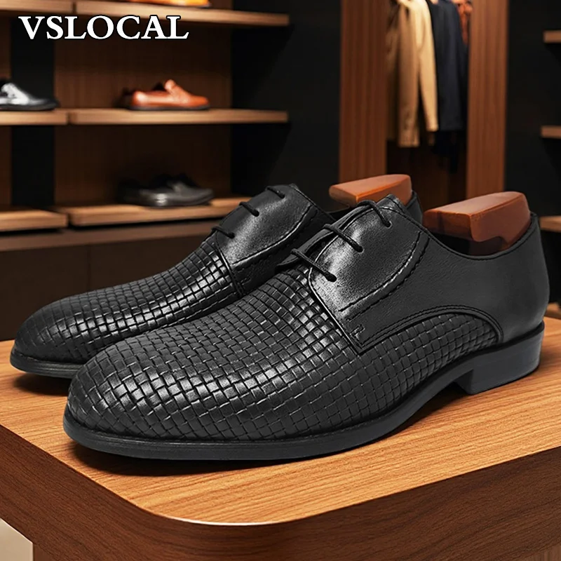 

Classic Men Derby Shoes Black Brown Weave Prints Lace-up Casual Mens Dress Shoes Office Wedding Leather Shoes For Man
