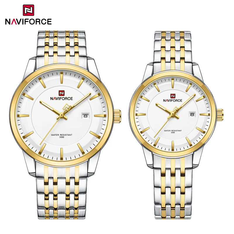 NAVIFORCE merk mode paar eenvoudige horloges waterdicht kalender quartz horloge roestvrij stalen band klok voor mannen en vrouwen