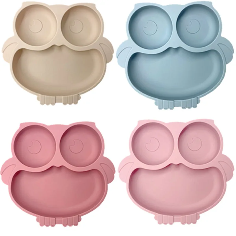 BPA Free Baby Silicone Tableware Set Divided Baby Plates Feed Bowls Straw Cup Spoon for Toddler Train Cute Owl Children Dishes