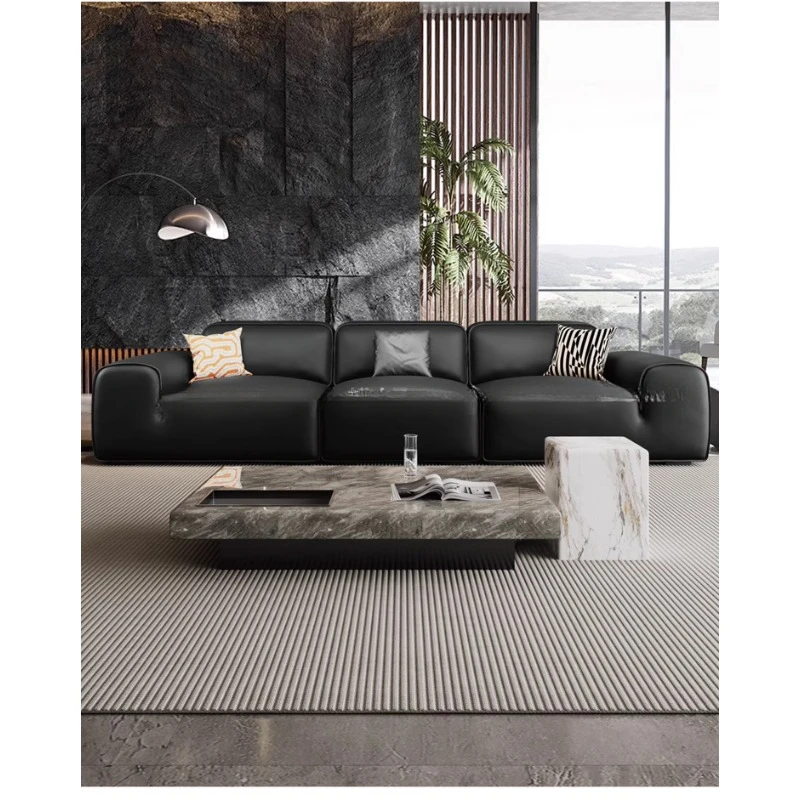 

Italian big black cow sofa full leather modern living room straight row middle and ancient style first layer cowhide black tofu