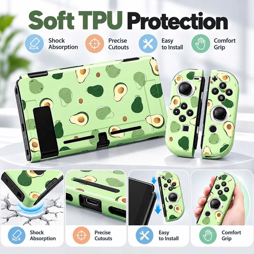 Switch Protective Case Soft TPU Cover Cute Pattern Back Shell Joy Con Covers Slim Fit Anti Scratch Shock Absorption Accessory