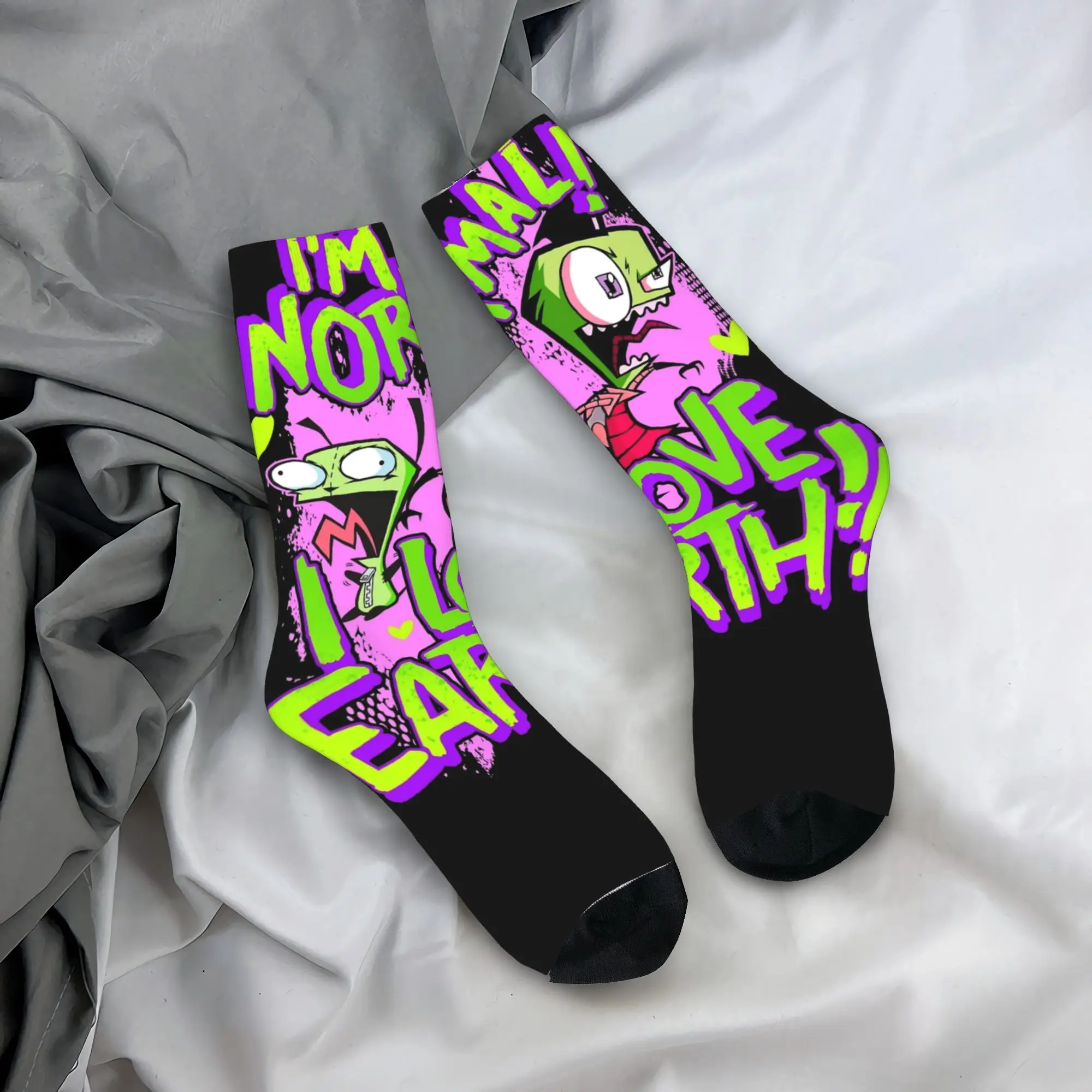 Autumn Winter Funny Women Men Invader Zim And GIR I'm Normal I Love Earth Socks  Non-slip Basketball Socks