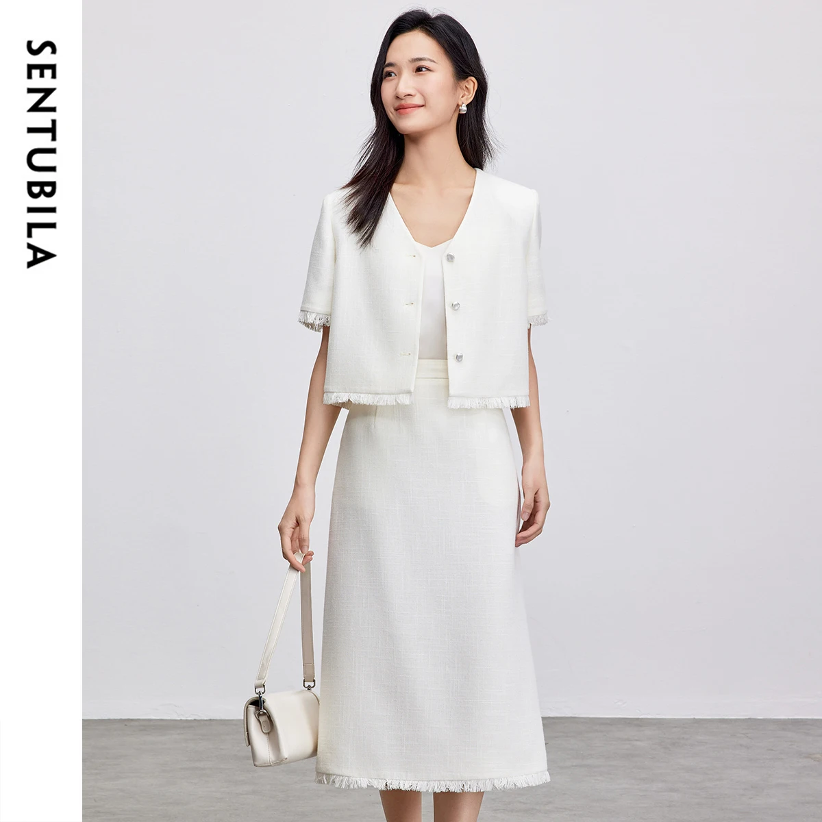 

SENTUBILA Women's Two Pieces Set Tassels Crop Jackets A-line Slit-hem Midi Skirt Elegant Ladies New in Matching Sets 152Z59038