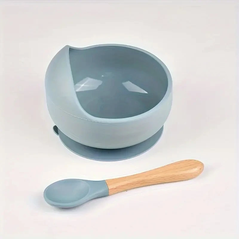 2 Pcs Baby Silicone Bowl Food-grade Silicone Suction Cup Children's Bowl Wooden Handle Spoon Set Anti-skid Kids Dishes BPA Free