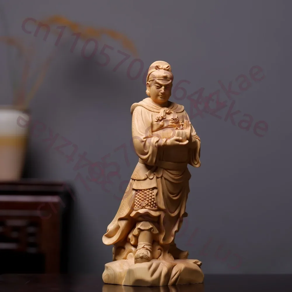 Zhou Cang Guan Ping Hand-Carved Hinoki Wood Chinese Guardian Figurines Solid Wood Taoist Deity Sculptures for Home Decoration