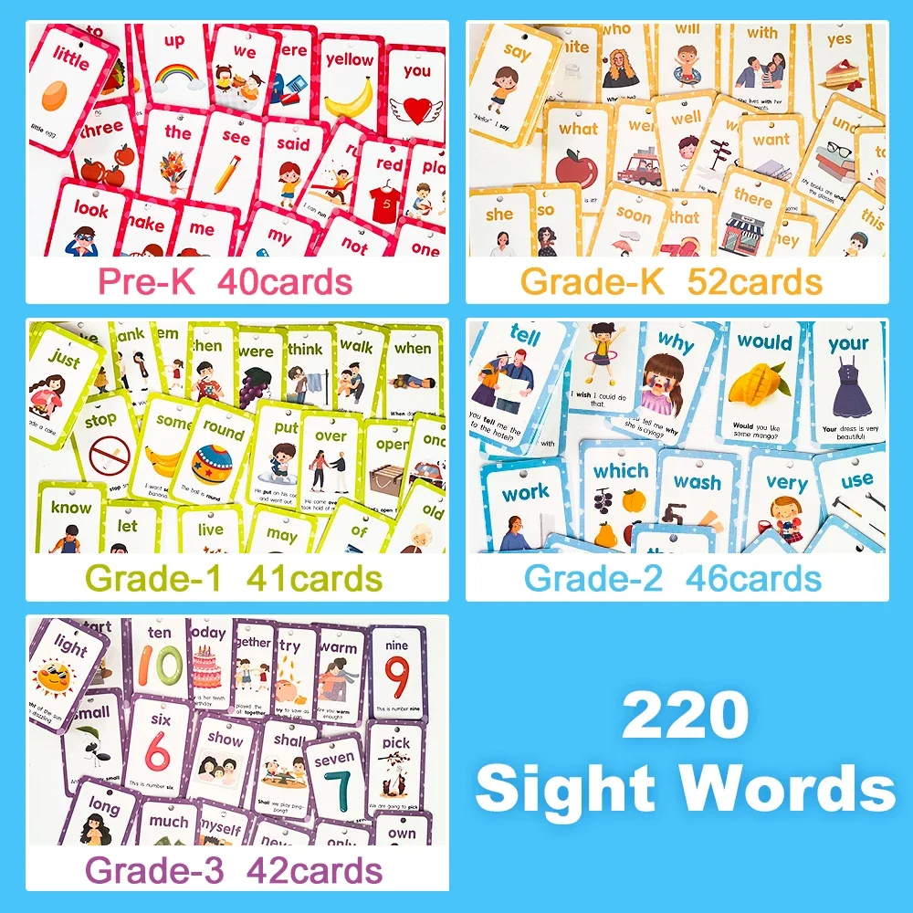 220 PCS English Sight Words learning Card for Preschool Kindergarten Phonics Learning for kids children early educational cards