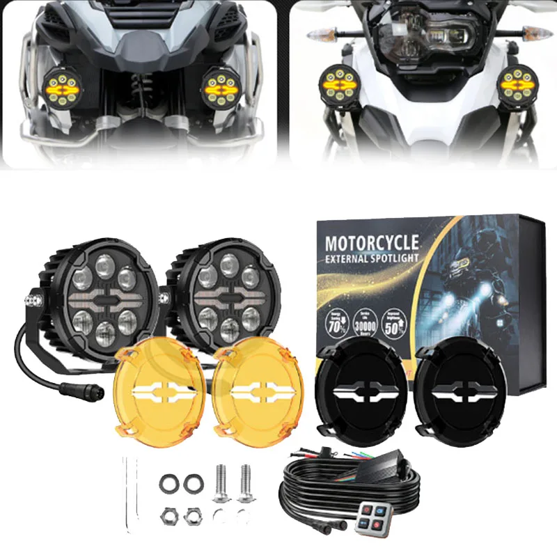 3.5 Inch Motorcycle LED Auxiliary Spotlight Hi/Lo Beam Amber X-Shaped DRL Driving Light Fog Lamp for ADVoff-road use