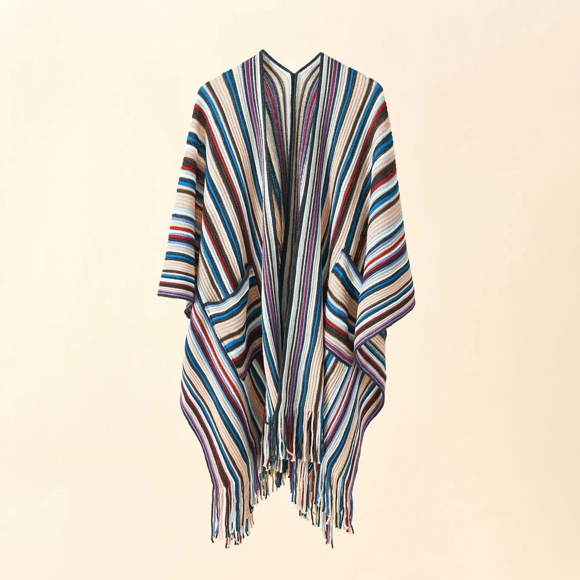 2024 Summer New Knitted Pocket Color Stripe Warm Female Cloak Women Shawl Lady Sunscreen Sandy Beach Poncho Capes Khaki