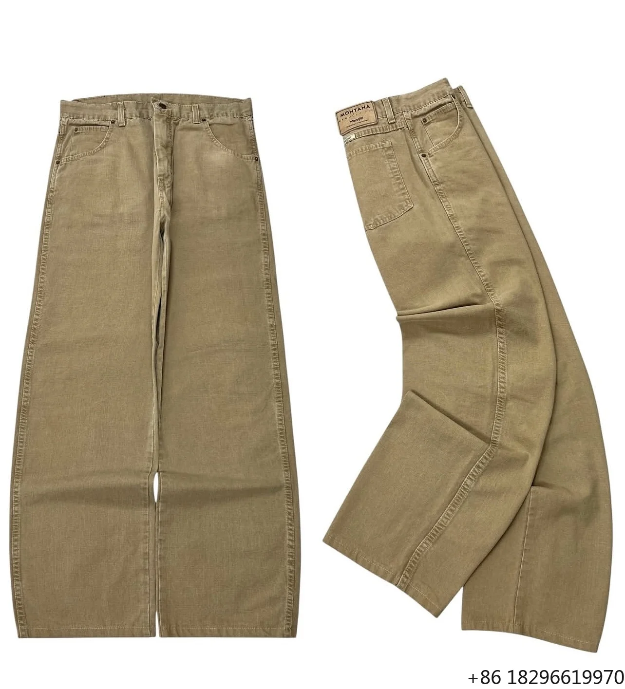 Vintage Designer Khaki Brown Jeans for Men Loose Wide Leg Trendy Washed Denim Trousers with Print Pattern