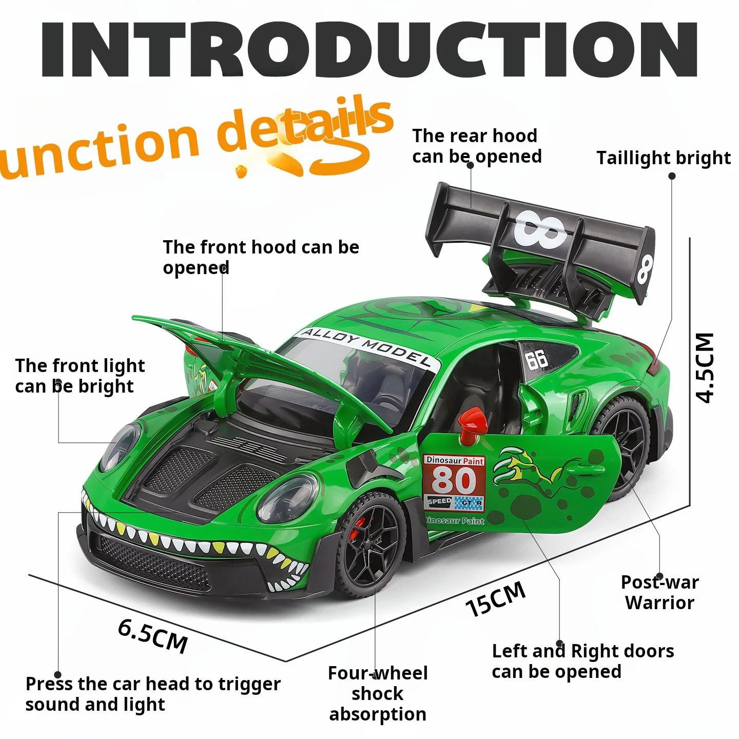 1:32 Dinosaur Graffiti GT3 RS Sports Car Alloy Diecast Model Toy Cars Sound & Light Pull Back Simulation Models Boys Gifts view 4