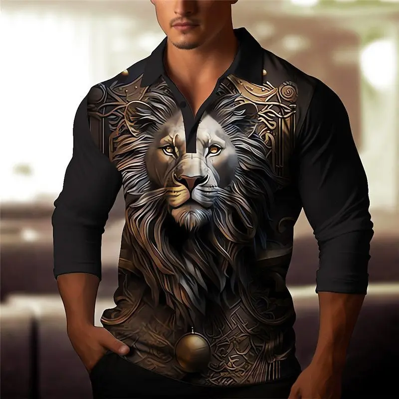 

Fashion 3D Golden Animal Graphic Button Long Sleeve Polo Shirts Autumn Casual Street Harajuku Hip Hop Style Classsic Man Clothes