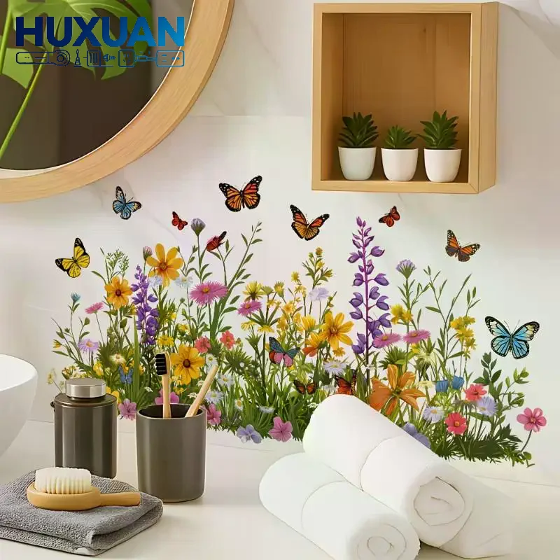Fresh Flower Pattern Wall Sticker Waterproof Non-Marking Sink Area Background Decal for Bathroom Kitchen Decor