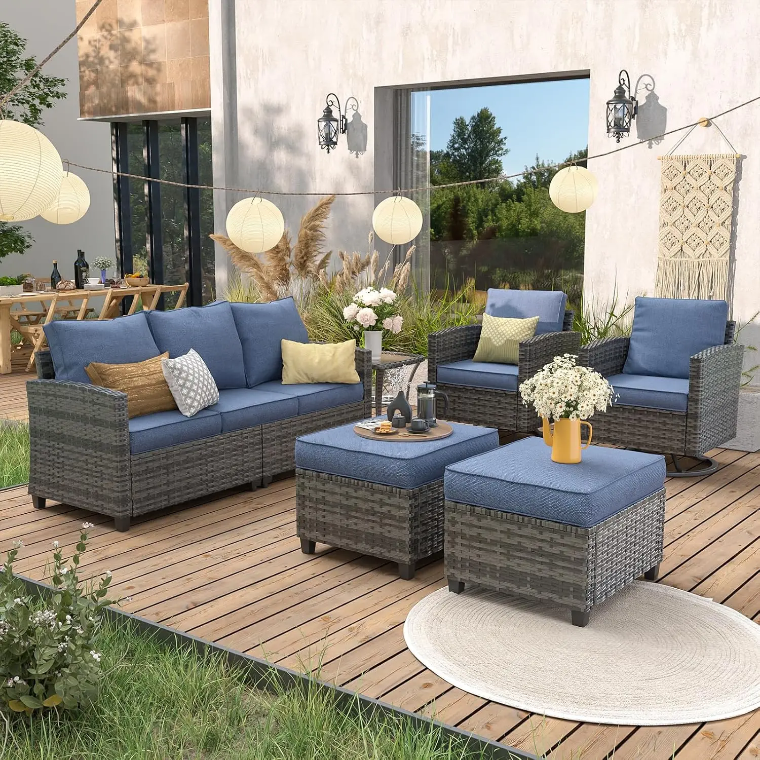 6 Pcs Outdoor Couch Patio Furniture Set with Swivel Rocking Chair Customizable Weatherproof Wicker Conversation Set