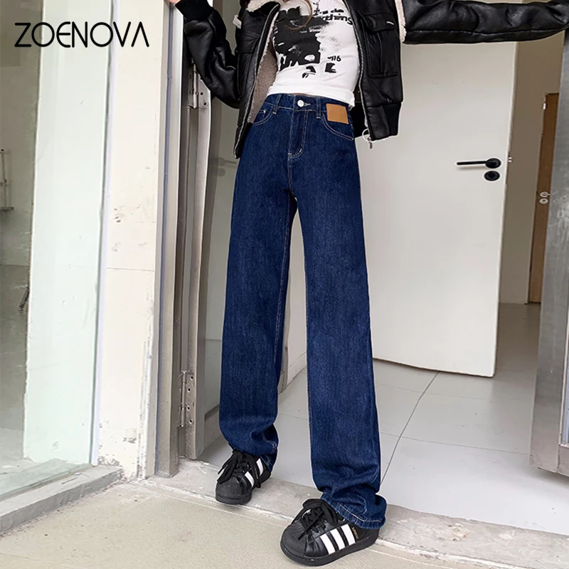 ZOENOVA Frühling Koreanische Vintage frauen Jeans Straße Casual Cool Girl Gerade Breite Bein Hosen Retro Hohe Taille Vielseitige Hose