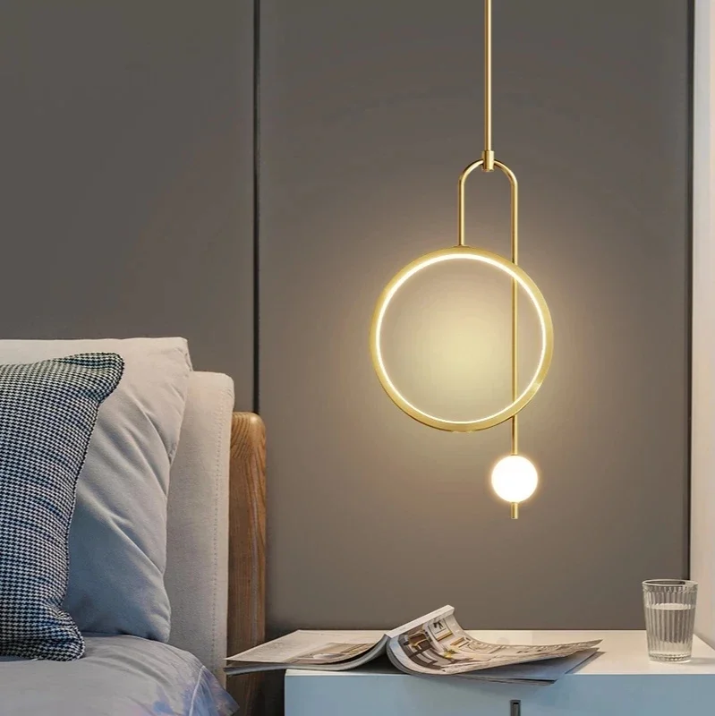 Imagem -02 - Modern Gold Ring Led Pendant Light Bola de Vidro Pendurado Lâmpada Quarto Cabeceira Minimalista Sala de Estar Home Decor Teto Lustre