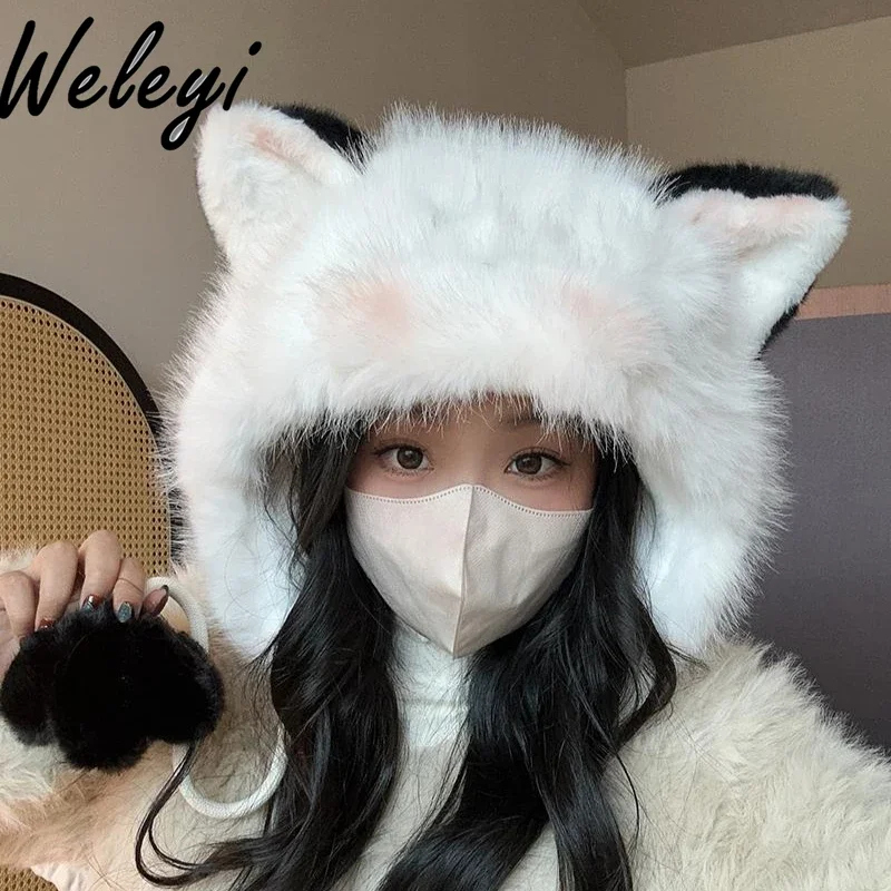 

Winter Cute Cat Plush Hat 2024 New Women's Thickened Warm Hat Windproof Cold Northeast Hat Ear Protector Fleece Caps Female