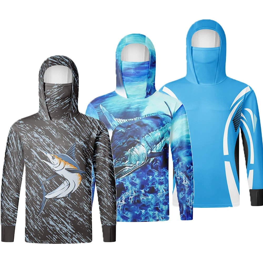 Men UPF50+ Hooded Fishing Shirt Built‑in Face Mask Multi‑Design Marlin Ocean Print Quick‑Dry Outdoor Boating Hiking Tops