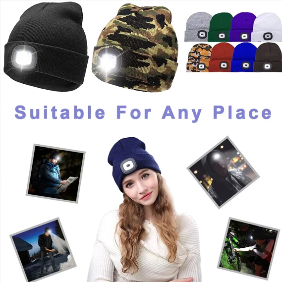 Bérets en laine portables pour hommes et femmes, bonnets chauds, chapeau solide avec éclairage LED, style hip-hop, vente en gros