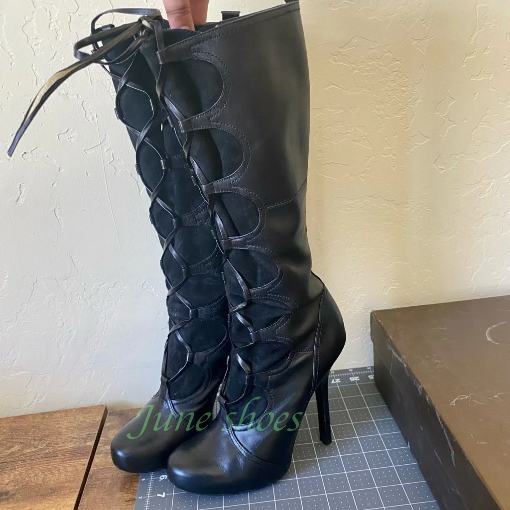 

Lady Black Pu Lace-Up Gladiator Style Knee Boots Suede Stiletto Heel Footwear Vintage Style Knee Pu Black Boots Runway Daily 46