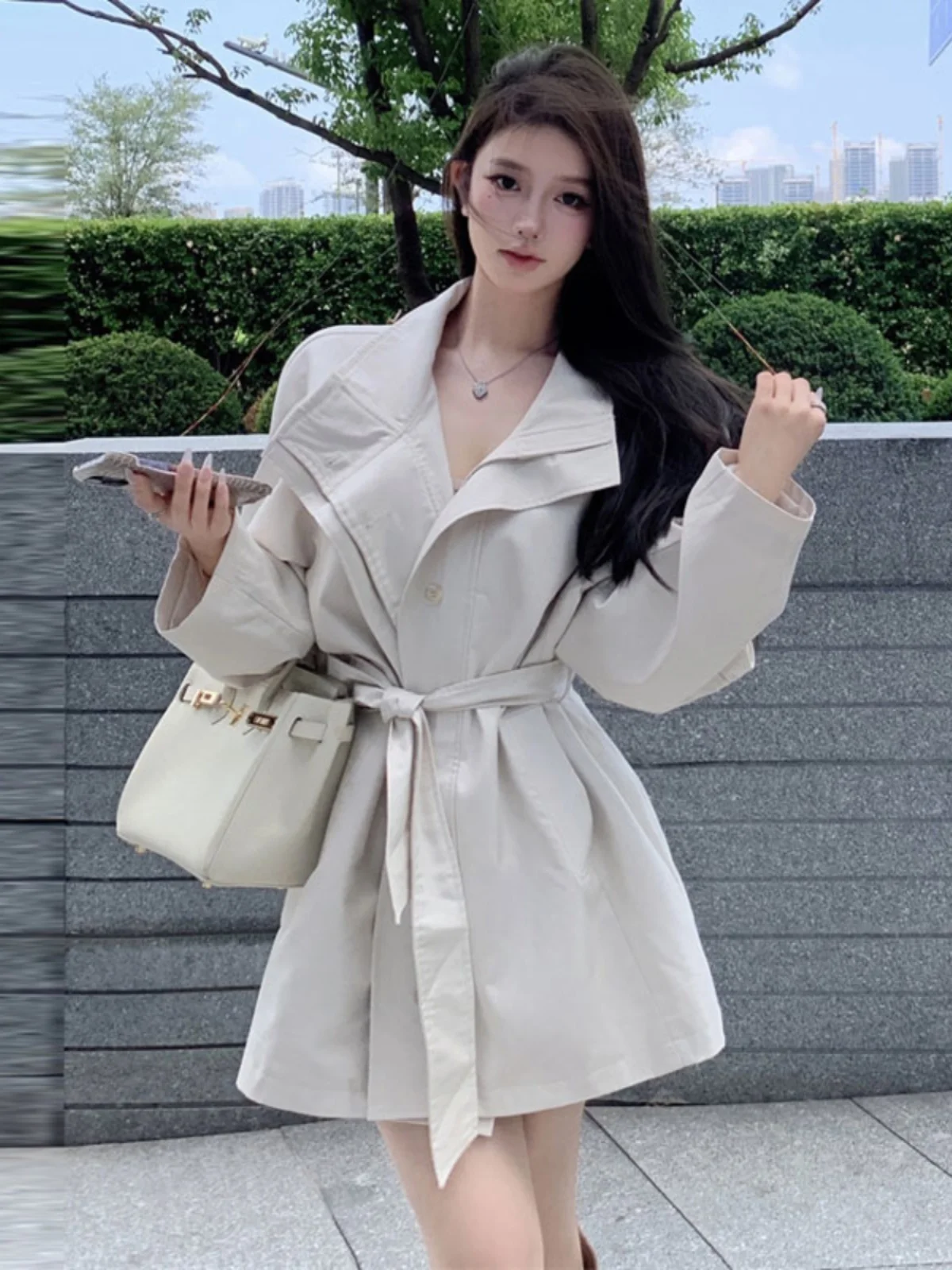 

Пальто в корейском стиле с поясом, элегантное, с британским шармом, премиум-класса, укороченное, удлиненное, А-силуэт, модное, для повседневной носки