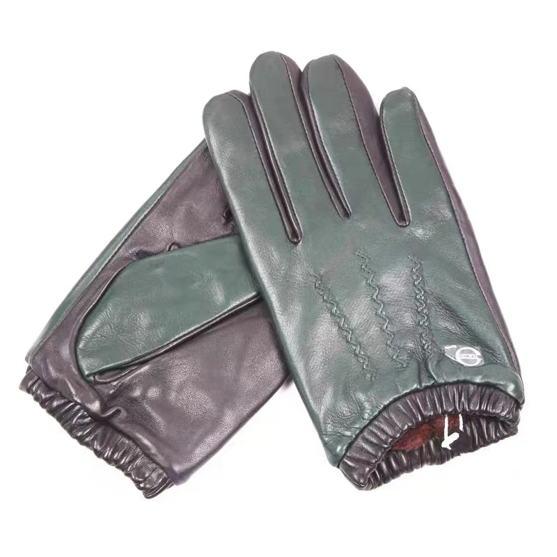 Vintage Green Lambskin Gloves For Men Winter 100% Leather Thick Lining Warm Mittens Male Touch Screen Riding Wrist Closure Luvas