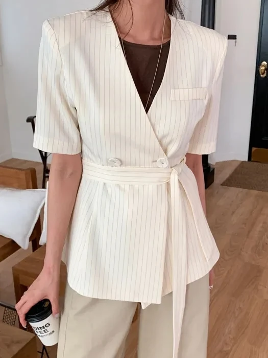 

Chic Vintage Women's Jacket Slim Fit Short Sleeve V-Neck Waist Belt Striped Top Commute Style Polyester Fabric