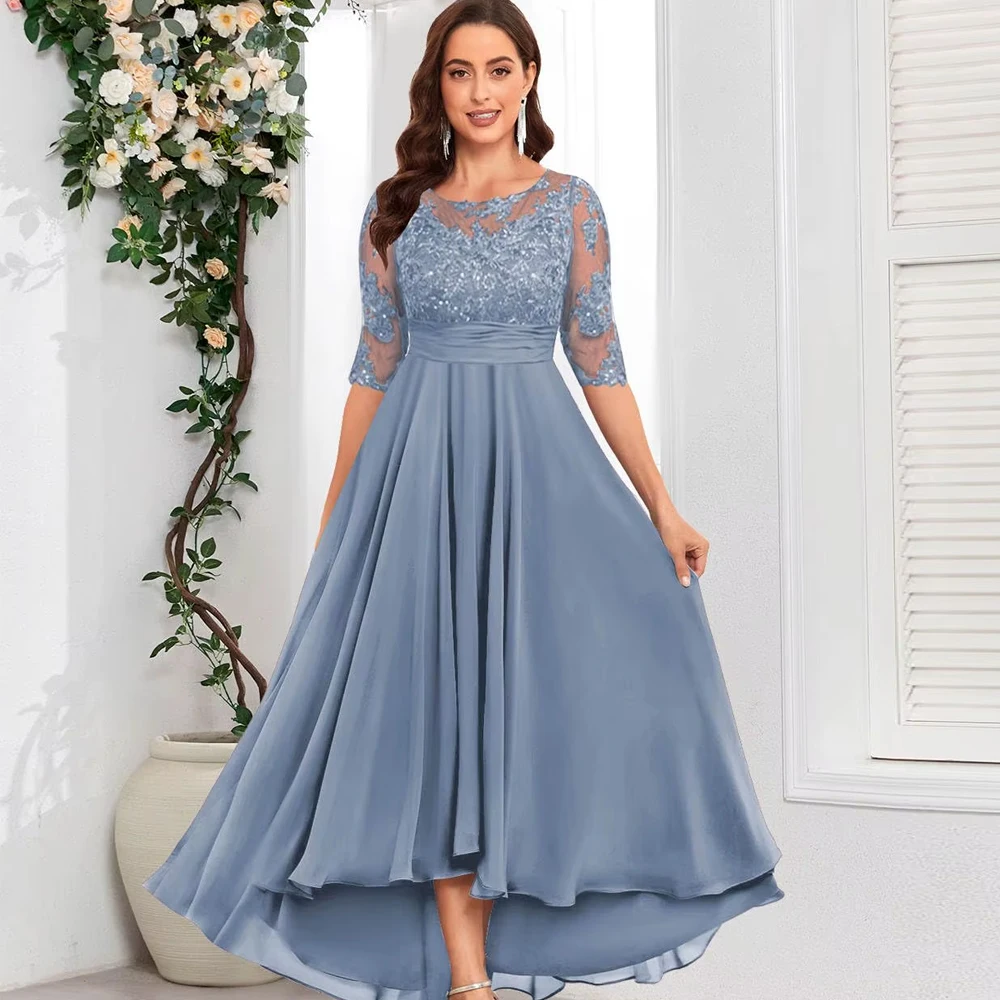 

Customized Classic Formal Mother of Bride Dresses Length 3/4 Sleeve Boat Neck Lace Chiffon Formal Wedding Party Dresses