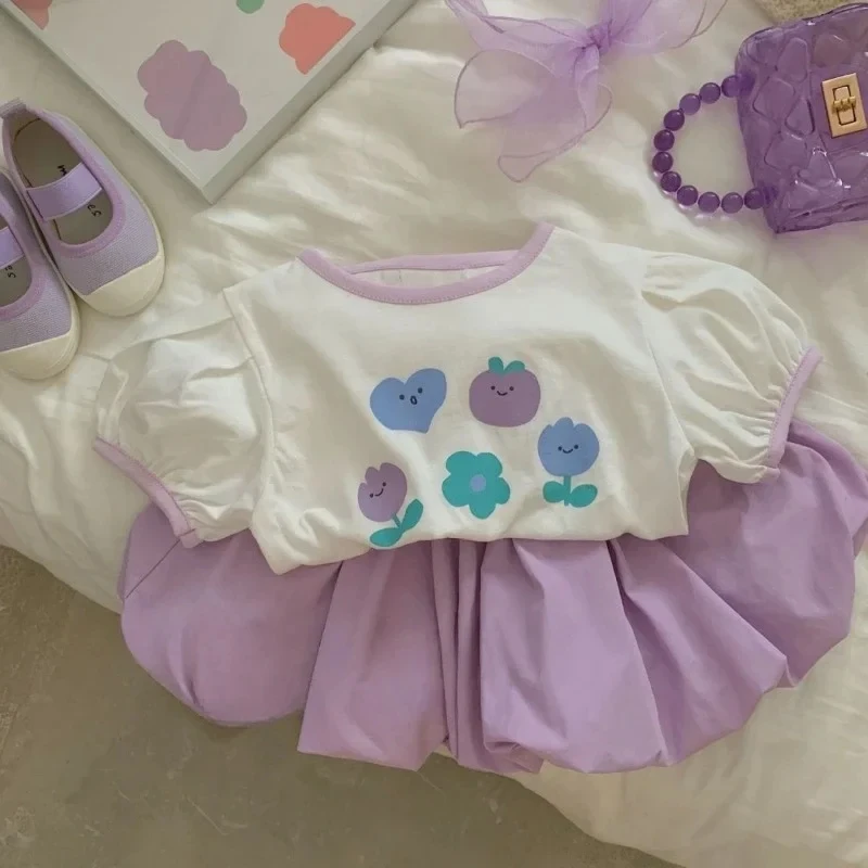 2024 Baby Girls Summer Set New Kids Girl Purple Shorts + Top Children's Girl T-shirt Two-Piece Suit