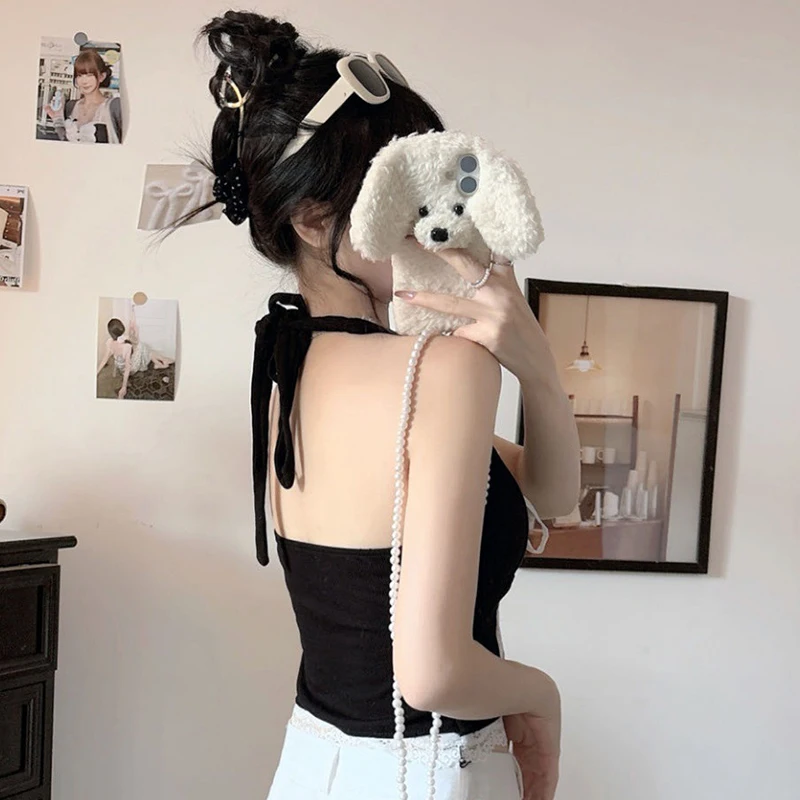 Women's Sexy Sweet Halterneck Lace-up Sleeveless Slim Vest With Chest Pad